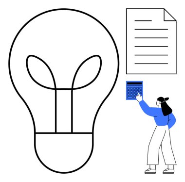 Bir belgenin yanında hesap makinesi kullanan ayakta duran bir kadının yanında büyük bir ampul. Yenilik, bütçe, yaratıcılık, planlama, problem çözme, finans yönetimi, eğitim için idealdir. Düz basit