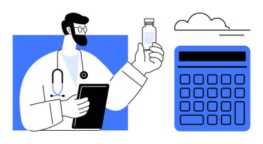 Doktor ilaç şişesini tutuyor, dijital tableti büyük bir hesap makinesinin yanında inceliyor. Sağlık, tıbbi araştırma, ilaç, tıp teknolojisi, teletıp, maliyet analizi için ideal