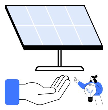Güneş paneli, açık el destekleme konsepti, yenilikleri ampulle vurgulayan kişi. Yenilenebilir enerji, eko-verimlilik, sürdürülebilirlik, yeşil teknoloji, enerji için ideal