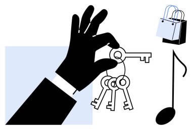 El ele tutuşmalar, alışveriş çantaları ve müzik notaları erişimi, ticareti ve yaratıcılığı temsil ediyor. Başarı, fırsat, güvenlik perakende müzik çoklu görev ve yaratıcı kavramları için ideal