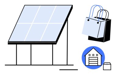 Temiz enerji üreten büyük güneş paneli yapısı, e-ticareti gösteren iki alışveriş torbası, depolama ve dağıtımı vurgulayan bir ikon. Sürdürülebilirlik ve yenilenebilir enerji için ideal