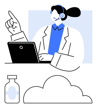 Teletıp olarak dizüstü bilgisayar kullanan kulaklıklı bir doktor. İlaç şişesi ve bulut sağlık teknolojisini, tıbbi erişimi, sanal yardımı, çevrimiçi hizmetleri, yeniliği, iletişimi ifade eder. Düz basit metafor