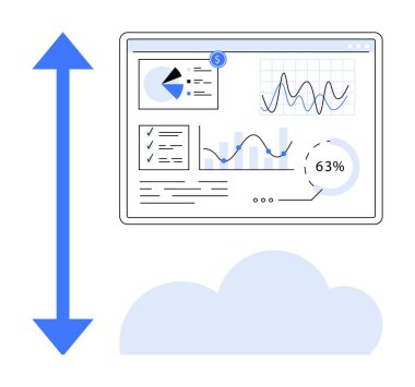Veri paneli grafikleri, grafikleri ve ölçümleri görüntüler. Büyük ok bulut depolamayı ve ölçeklenebilirliği simgeler. Analiz, ev sahipliği, performans, büyüme, strateji iş araçları için ideal düzlük