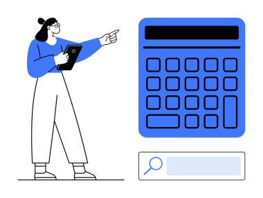 Hesap makinesinin yanındaki not panosuyla kendine güveni tam bir kadın. Finans, muhasebe, analitik, bütçe, denetim, analiz veya çevrimiçi araçlar için idealdir. Düz basit metafor