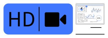 Etkileşimli veri grafikleri ve analizleri gösteren bir ekranın yanında HD video simgesi. Yayın, analitik, teknoloji, medya, video konferans, kullanıcı arayüzü, dijital sunum için ideal. Düz