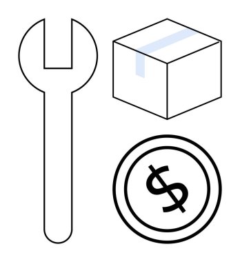 İngiliz anahtarı, mühürlü paket ve onarım, nakliye ve maliyet yönetimini vurgulayan dolar sikkesi. Bakım, lojistik, e-ticaret fiyatlandırma perakende ticaret ticaret stratejisi için idealdir. Düz basit