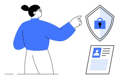 Kilitli bir kalkan simgesini işaret eden şahıs, güvenlik ve veri korumasını işaret ediyor, kimlik kartı gösteriliyor. Siber güvenlik, kimlik koruması, kişisel veri güvenliği, dijital güvenlik için ideal