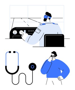 Pilot kokpit kontrolleri, sağlık ve hassasiyeti vurgulayan tıbbi steteskop, strateji öneren düşünceli bir adam. Havacılık, sağlık, planlama, problem çözme için ideal