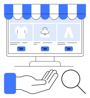 Giysileri ve çantaları olan dijital vitrin vitrinleri, araba ikonları, uzanmış eller ve büyüteçler. E-ticaret, iş, çevrimiçi destek, tüketici hizmetleri, perakende erişilebilirlik dairesi için ideal