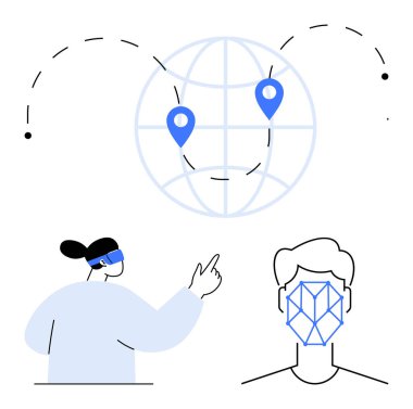VR kulaklık kullanan bir kadın, lokasyon iğneli küresel harita, bağlantı noktaları ve yüz tanıma taraması. Teknoloji için ideal, sanal gerçeklik, yapay zeka, küreselleşme, navigasyon, güvenlik