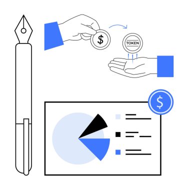 Dolar ve jeton değiş tokuşu, çizelge, mali belge, kalem. Finans, yatırım, teknoloji, eğitim işlemleri için ideal. Düz basit metafor