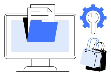 Bilgisayar monitörü dosyaları, klasörleri, alışveriş çantalarını ve anahtar dişli simgesini gösteriyor. Dijital organizasyon, e-ticaret, teknik destek, çevrimiçi işlemler, verimlilik, bulut depolama için ideal