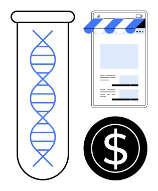 DNA ipliği, dijital mağaza önü ve dolar işaretli biyoteknoloji, e-ticaret ve iş ile test tüpü. Bilim, araştırma, yenilik, finansman teknolojisi için ideal