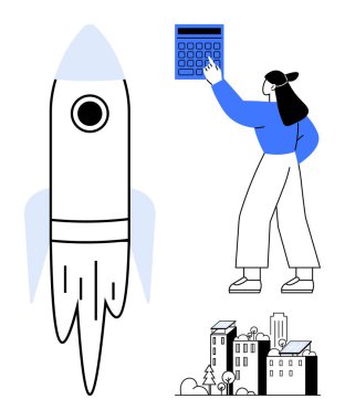 Kadın hesap makinesiyle etkileşime giriyor, roket kalkıyor, şehir binaları aşağıda. Finans, yenilik, girişimler, başarı, teknoloji büyüme kavramları için idealdir. Düz basit metafor