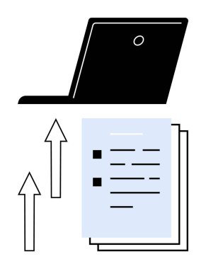 Yukarı doğru oklu dizüstü bilgisayar ve dijital dosya transferini ve çevrimiçi belge yüklemesini temsil eden belge yığını. Teknoloji, bulut hesaplama, veri yönetimi, dijital depolama, iletişim için ideal