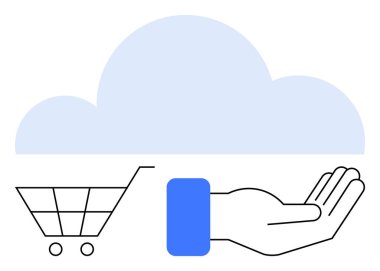 Alışveriş arabasının üstündeki bulut ve el, e-ticareti, bulut deposunu, dijital servis erişimini sembolize ediyor. Perakende, teknoloji, yenilik, hizmet, çevrimiçi ödeme, bağlantı için ideal