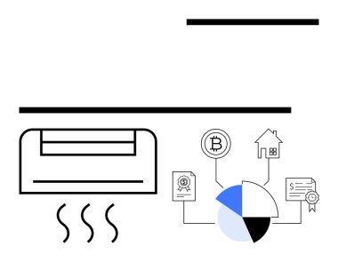 Klima ısı dalgaları yayar. Diyagramlar arasında pasta grafiği, Bitcoin resmi, ev simgesi, sertifikalar var. Finans, kripto para birimi, gayrimenkul, teknoloji enerji sürdürülebilirliği için idealdir.