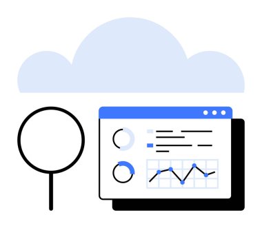 Büyüteç, bir bulut simgesinin altındaki web panelindeki istatistiksel verileri inceliyor. Veri analizi, bulut hesaplama, performans izleme, araştırma, veri depolama, teknoloji, iş için ideal