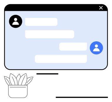 Sohbet arayüzü simgeli iki kullanıcı arasında mesajlar gösteriyor, açık mavi arkaplan ve bitki ayrıntıları. İletişim, teknoloji, uzaktan çalışma, ağ, müşteri desteği, bağlantı için ideal