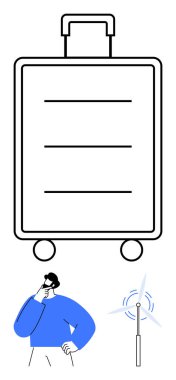 Büyük tekerlekli bavul, eli çenesinde düşünen bir adam, rüzgar türbini bıçağı. Seyahat, karar verme, eko-turizm, gelecek planlama, sürdürülebilirlik, yenilenebilir enerji düzlüğü için ideal basit bir metafor