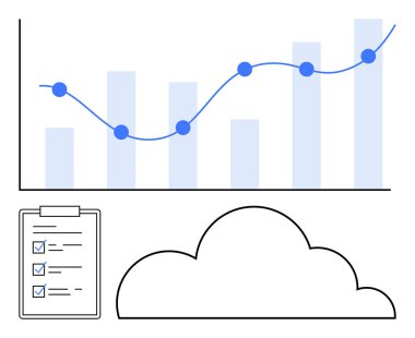 Veri analizlerini sembolize eden eğilim çizgisi olan çubuk grafik, görev takibi için kontrol listesi ve bulut depolama kavramı. Üretkenlik, planlama, ilerleme, veri depolama, analitik ve bulut teknolojisi için ideal