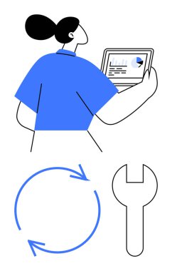 Elinde analitik ve pasta grafiği olan bir tablet tutan kadın. Dairesel oklar ve ingiliz anahtarı gelişmeyi, güncellemeleri ve aletleri simgeler. Teknoloji, bakım, analiz, iş akışı ve iş için ideal