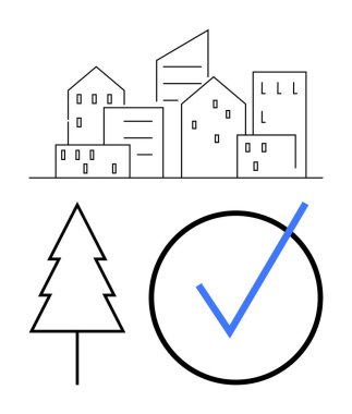 Ağaçların üzerindeki minimalist şehir manzarası ve daire içindeki mavi kene. Sürdürülebilirlik, kentsel planlama, yeşil mimari, çevre dostu yenilik, denge, onay, ilerleme için ideal. Düz basit metafor