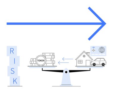 Birikmiş jetonları dengeler ve elle tutulabilir varlıklar ev ve arabayı onaylar. RISK blokları tezgahın yanına istiflenmiş, yukarıdaki yön oku. Finans, yatırım ve varlık yönetimi için ideal