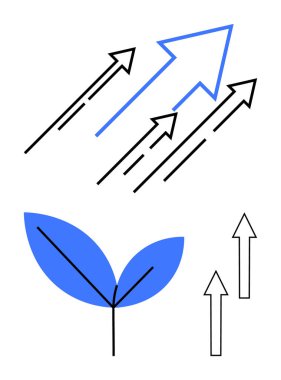 Yukarı doğru ilerlemeyi gösteren oklar ve büyümeyi ve sürdürülebilirliği temsil eden minimalist bir yaprak tasarımı. İş için ideal, yenilik, ekoloji, başarı, yatırım, strateji, düz basit metafor