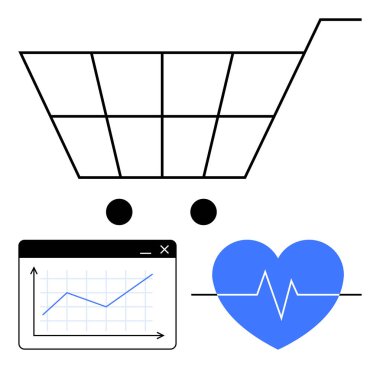 Alışveriş arabası, yükselen trend çizgisi ve kalp atışı çizgisi olan kalp sembolü. Sağlık hizmetleri, çevrimiçi alışveriş, analitik, fitness, e-ticaret iş büyüme teknolojisi için ideal. Düz basit