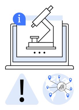 Dizüstü bilgisayar ekranında bir mikroskop, bir uyarı sembolü ve küresel konum işaretleyicileri. Araştırma, teknoloji, eğitim, bilim, küresel bağlantı uyarıları için idealdir. Düz basit metafor