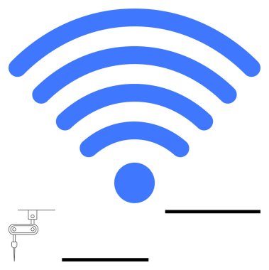 Mavi kablosuz sinyal ikonu robot kol çizimi ve minimalist siyah çizgilerle eşleştirildi. Bağlantı, otomasyon, IoT, teknoloji, sektör 4.0, dijital iletişim, soyut çizgi