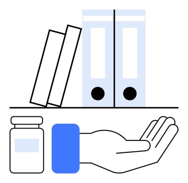Ayarlanmış klasörleri olan raflar, onlara yaslanmış kitaplar, yakınlarda ilaç şişesi ve altında açık bir el. Organizasyon, sağlık, destek, kaynaklar, tıp hayır kurumu eğitim dairesi için ideal
