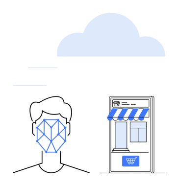 Yapay zeka tanıma sistemine bağlı insan yüz yapısı, mağaza önü uygulaması, bulut. Biyometrik, yapay zeka, perakende, dijital güvenlik, mobil alışveriş, veri depolama dairesi için ideal basit bir metafor