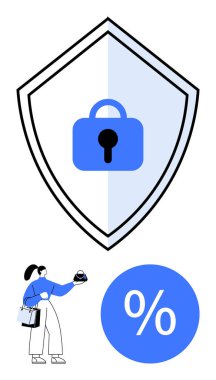 Güvenlik ve korumayı simgeleyen kilitli bir kalkan. Kadın tutma cihazı, teknolojik farkındalık ve siber güvenliği arttırma. Çevrimiçi güvenlik, veri koruması, teknoloji güvenliği, siber risk yönetimi için ideal