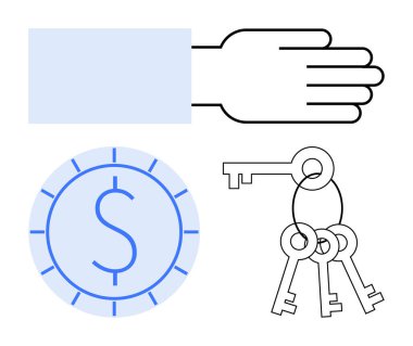 El, anahtarlar ve para sikkeleri erişimin, mülkiyetin, karar verme mekanizmasının ve kaynakların altını çiziyor. Finans, güvenlik yatırım tasarrufu ve mülkiyet fırsatları için idealdir. Düz basit metafor