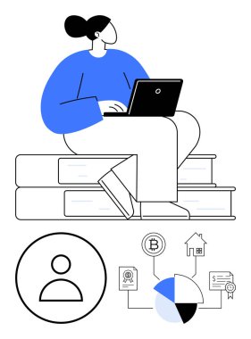 Eğitim, kripto para, gayrimenkul ve analitik simgeleriyle çevrili dizüstü bilgisayarlarla uğraşan bir birey. Öğrenme, teknoloji, finans ve kendini geliştirme için ideal