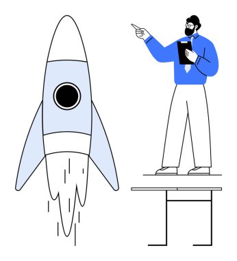 İş adamı elinde bir pano ile masada roket fikrini sunuyor. Büyüme, yenilik, girişimcilik, girişimcilik, planlama, strateji, takım çalışması için idealdir. Düz basit metafor