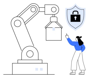 Bir insan asma kilitle kalkanda el kol hareketi yaparken robot kolu kutuyu kaldırıyor. Otomasyon, siber güvenlik, teknoloji, yenilik, endüstriyel güvenlik, dijital güvenlik ve robot teknolojisi için idealdir. Düz