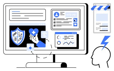 Sağlık istatistikleri, analitik ve kişisel dosyalar içeren sağlık paneli ekranda. Ayrı unsurlar arasında çevrimiçi mağaza ve yıldırımlı bir insan kafası ikonu yer alıyor. Sağlık hizmetleri için ideal