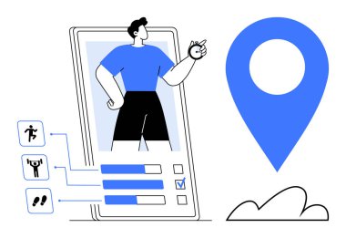 Fitness izleme uygulamasında ekrandaki adam, aktivite grafikleri, büyük yer göstergesi ve sağlık aktiviteleri için simgeler var. Fitness, sağlık izleme, konum hizmetleri, sağlık hedefleri, spor