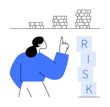 Kadınlar ödülleri simgeleyen bozuk para yığınlarını işaret ediyor ve RISK yazımını engelliyor. Finans, yatırım, karar verme, strateji, planlama, iş analizi, soyut düz çizgi metaforu için ideal