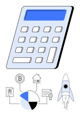 Büyük düğmeli hesap makinesi ve mavi ekran yanında yatırım simgeleri şeması, Bitcoin, ev, sertifikalar, roket. Finans, yatırım, bütçe hesaplama, kripto para birimi planlama için ideal