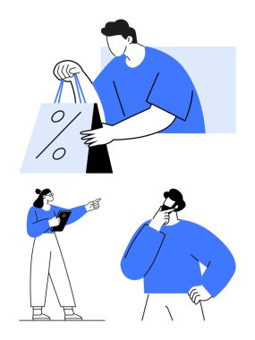 İndirimli çanta ve tabletle alışveriş seçeneklerini tartışan karakterler. Perakende, satış, e-ticaret, karar verme, takım çalışması, iletişim, pazarlama için ideal. Modern düz basit metafor