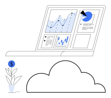 Analitik gösterge paneli, bulut sembolü ve dolar işaretiyle büyüyen bitki ile bilgisayarı aç. Finans, iş stratejisi, analitik, teknoloji, veri yönetimi, yenilikçi yatırım büyümesi için ideal