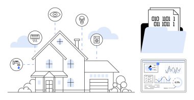 Akıllı cihazları olan ev otomasyon, veri analizi ve izleme gösteriyor. İOT için ideal, enerji verimliliği, dijital ev çözümleri, teknoloji, yenilik, akıllı yaşayan düz metafor