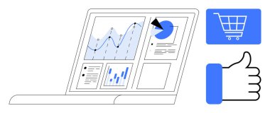 Analizi grafikler, pasta grafikleri ve veri görselleriyle birlikte alışveriş arabası ve başparmak kaldırma simgeleriyle gösteren dizüstü bilgisayar ekranı. E-ticaret, satış, analitik, geribildirim, pazarlama, çevrimiçi alışveriş için ideal