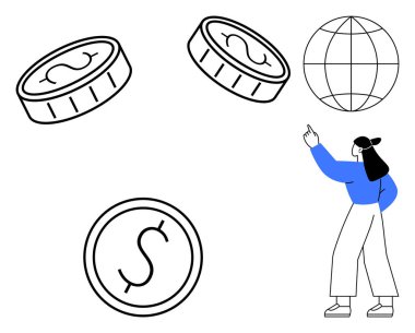 Yüzen sikkeleri ve mali kararları, döviz kurunu, küresel ekonomiyi, yatırımı, ticareti, zenginliği ve ekonomik büyümeyi sembolize eden bir küreyi işaret eden bir kadın. İş için ideal