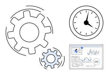 Vites döndürme, saat tik ve analitik gösterge paneli zaman yönetimi, verimlilik ve performans takibini görselleştirir. İş için ideal, üretkenlik, analitik, hedef belirleme iş akışı otomasyonu