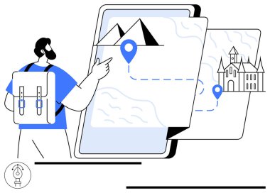 Sırt çantalı biri dijital haritayı işaret ediyor. Yol işaretleri, dağlar ve bir bina. Navigasyon, seyahat, macera, turizm, keşif teknolojisi seyahat planları için idealdir. Düz basit